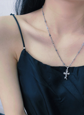 S925银复古镶钻双十字架竹节项链女小众设计高级感时尚百搭锁骨链