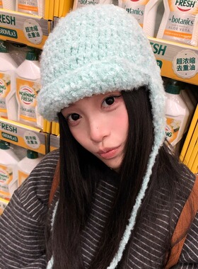 手工系带针织毛线护耳雷锋帽女冬