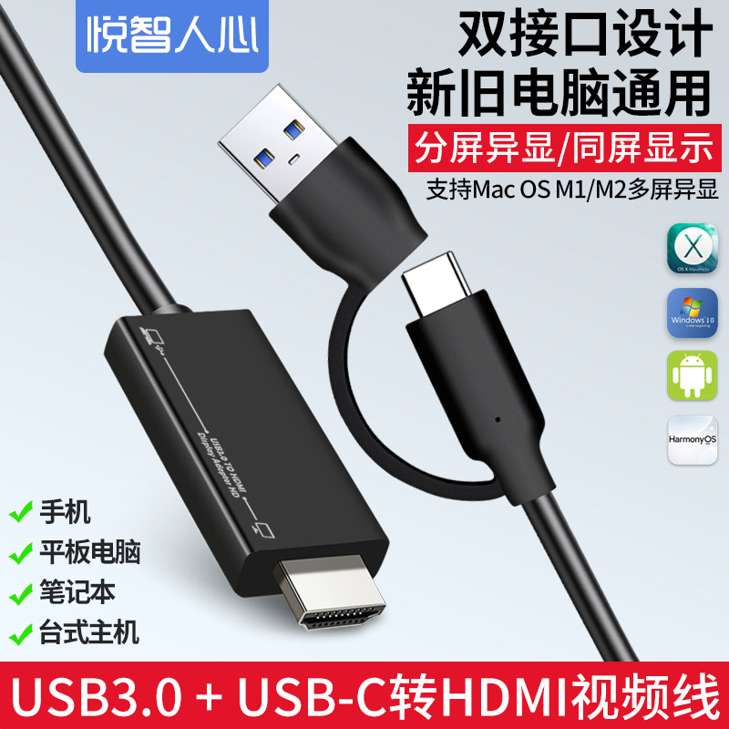 usb3.0转hdmi转换器高清视频转接电脑手机扩展显示器typec同屏线 - 图0