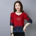 Áo rộng size 2019 mới ngắn tay nữ bằng vải cotton và áo thun Áo phông retro gió quốc gia nữ thêu mẹ mùa hè - Quần áo của mẹ