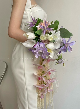 2025新款粉紫色仿真手捧花瀑布形状手捧花备婚结婚清单礼物