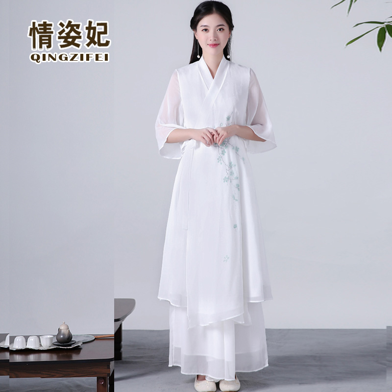 中国风禅意女装茶服禅修服居士服中式改良汉服连衣裙茶艺师服装夏