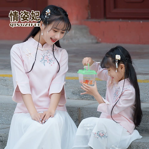 Комплект, ципао, ханьфу, семейный стиль, китайский стиль, из хлопка и льна