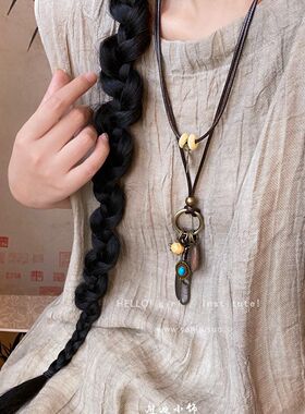 新中式禅意古铜羽毛项链女波西米亚民族风双层叠戴长款毛衣链配饰