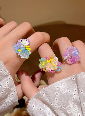 多巴胺绣球花朵戒指女夏天海边度假风甜美食指戒2025新款串珠指环