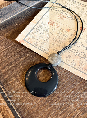 长款黑琉璃皮质黑绳项链潮新中式