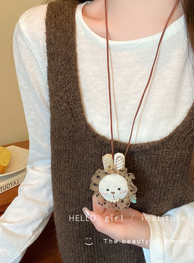 可爱猫咪小狗长款项链女高级感毛绒动物毛衣链韩系布艺卫衣链配饰