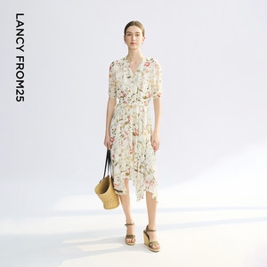 朗姿桑蚕丝v领高腰a字碎花裙2025年夏季新款高级感气质中长连衣裙
