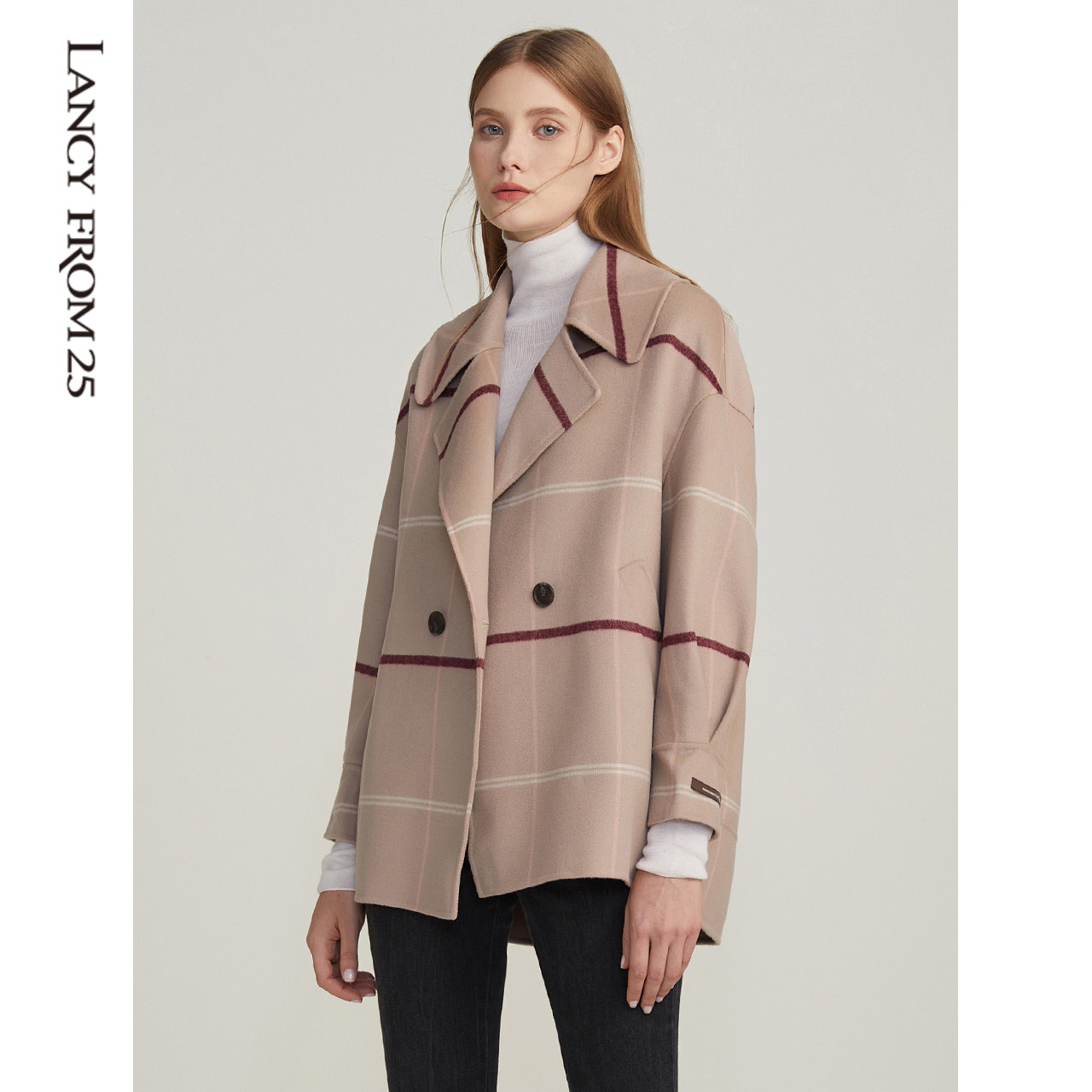 朗姿手工高定双面羊毛大翻领呢大衣 朗姿毛呢外套