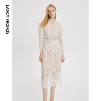 The Longpose Law Lace V Collar Temperament Superior dress 2023 Fall new cashew slim Lioness dress lady