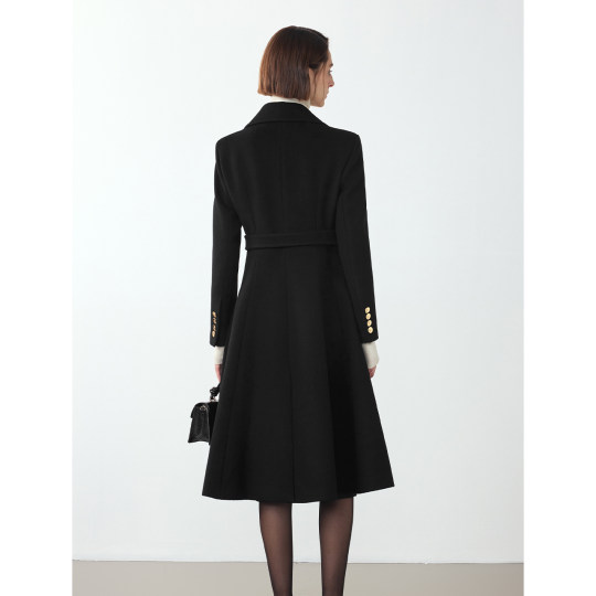 朗姿优雅黑色冬季新款设计感法式赫本风羊毛大衣翻领收腰毛呢