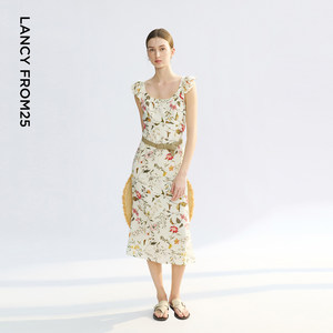 朗姿小飞袖法式桑蚕丝圆领连衣裙女印花度假风2025年夏季新款