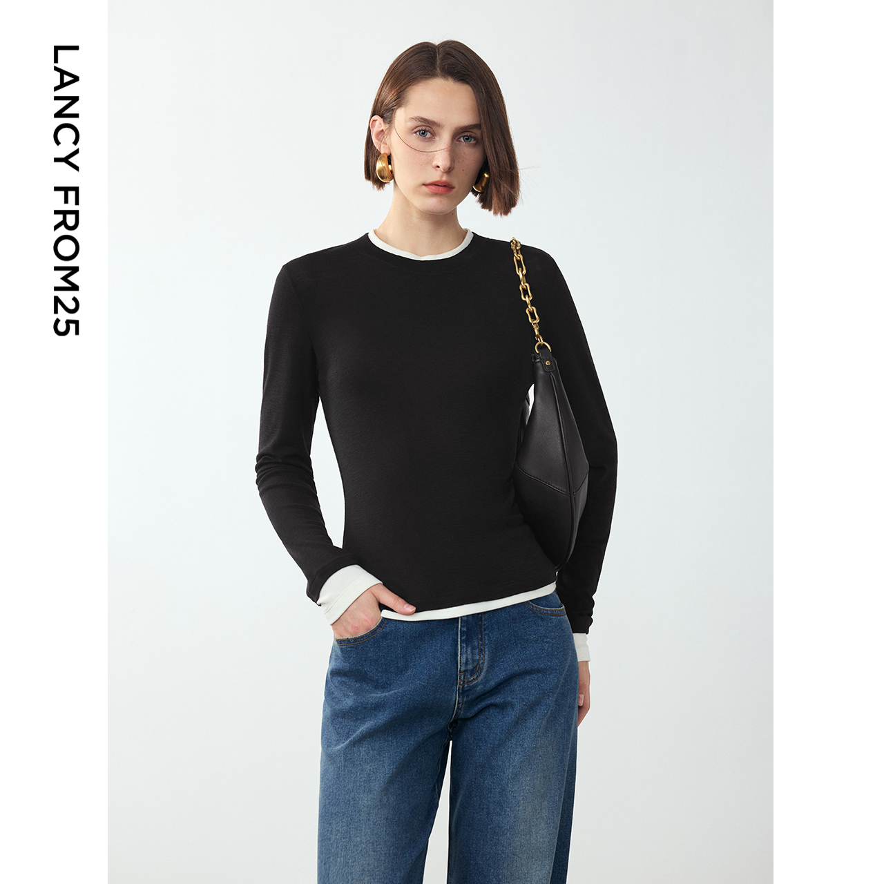 【明星同款】朗姿纯羊毛气质高级感撞色修身上衣女2024冬新款T恤