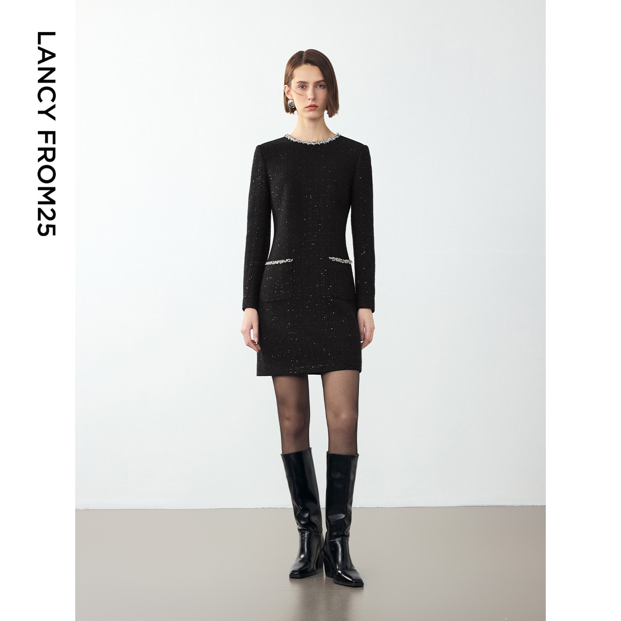 朗姿冬季新款法式复古小香风裙子羊毛气质显瘦通勤正肩长袖连衣裙,淘宝优惠券,粉丝福利购,淘宝优惠卷