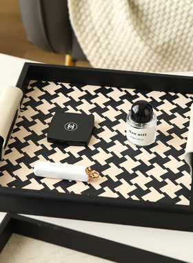 千鸟格木质托盘桌面摆件高级感小众客厅玄关电视柜装饰钥匙收纳盘