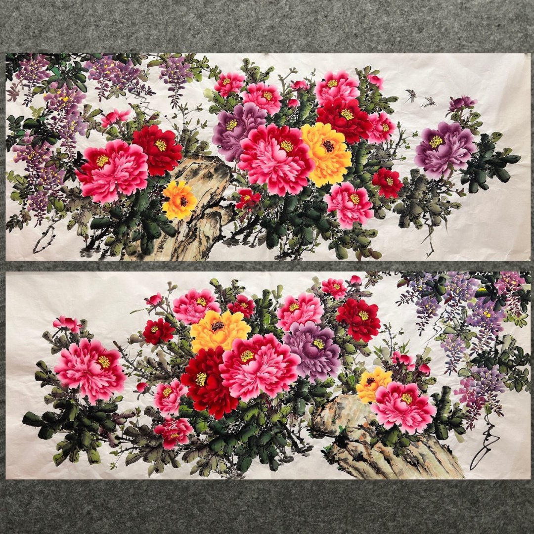 240X96厘米装饰国画批发花鸟画纯手绘小八尺牡丹紫藤花开富贵01,淘宝优惠券,粉丝福利购,淘宝优惠卷