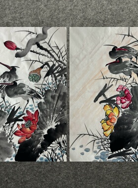 68X45厘米中堂精品装饰国画纯手绘花鸟画四尺三开荷花鸳鸯未装裱1