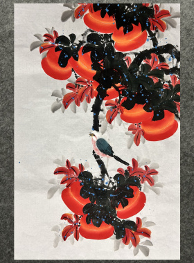 精品国画纯手绘景哲风格花鸟画四尺三开柿子事事如意AC4123201