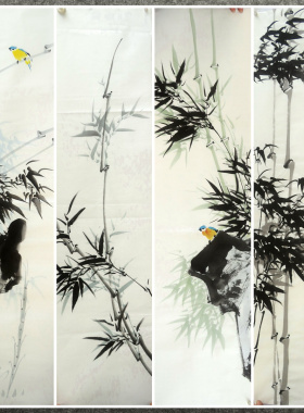 136X34CM条幅装饰国画纯手绘花鸟画四尺对开竹子竹报平安AD301-26