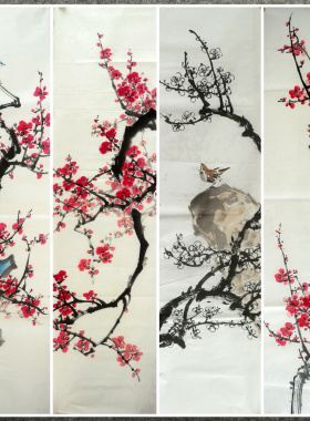 136X34厘米条幅装饰字画国画纯手绘花鸟画四尺对开梅花AC301-37