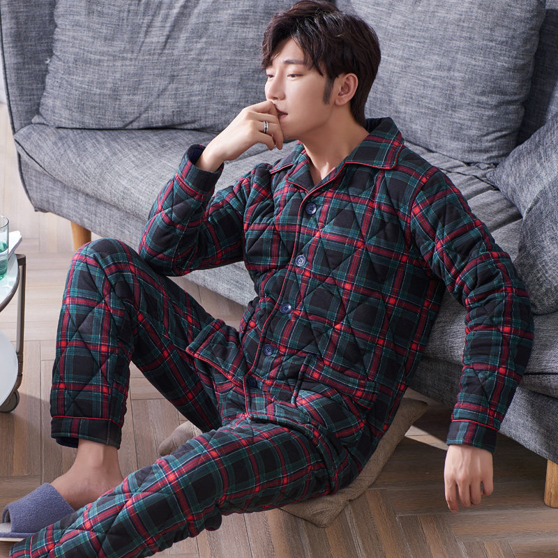 圆人男睡衣冬季加厚纯棉夹棉秋冬款家居服格子开衫2025中老年套装,淘宝优惠券,粉丝福利购,淘宝优惠卷