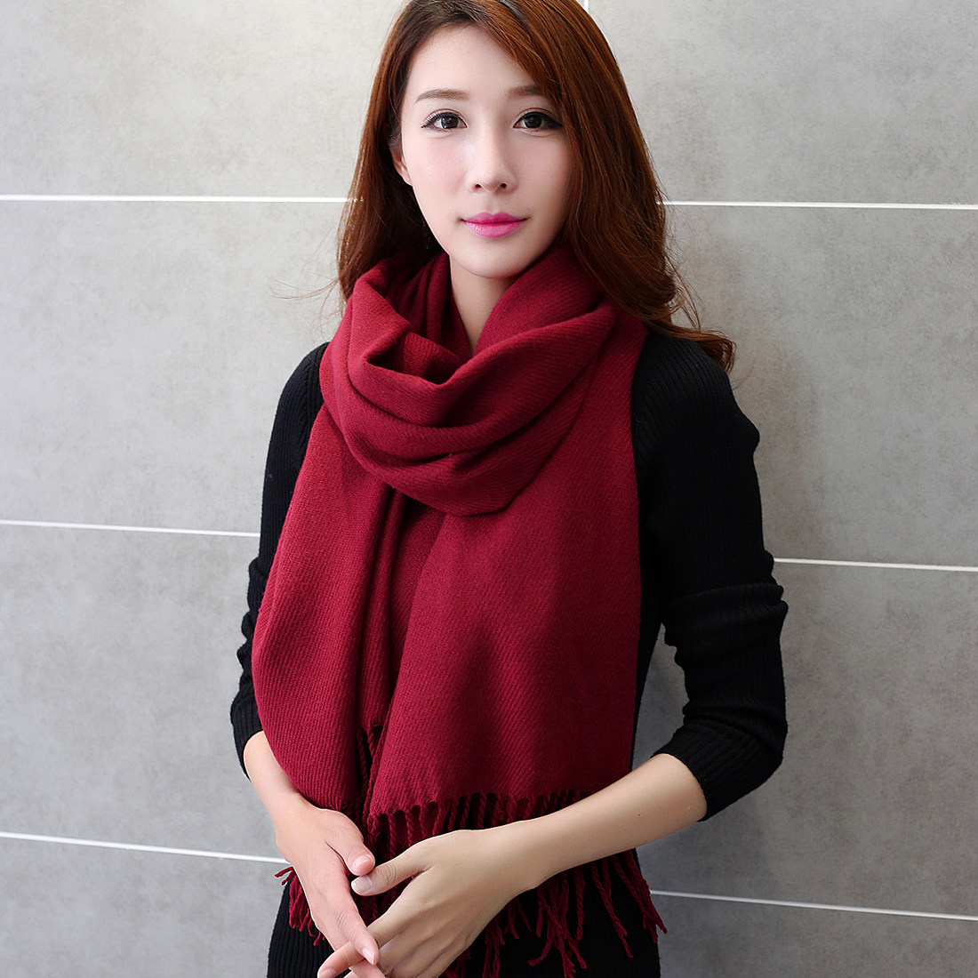 酒红色羊绒围巾女冬季中国红年会定制LOGO印字刺绣百搭披肩两用厚,淘宝优惠券,粉丝福利购,淘宝优惠卷