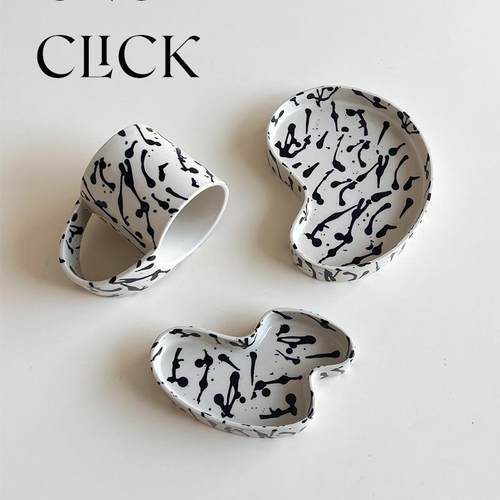 click小众高级感弧形把手不规则泼墨点图案咖啡马克杯水杯蛋糕盘 - 图3
