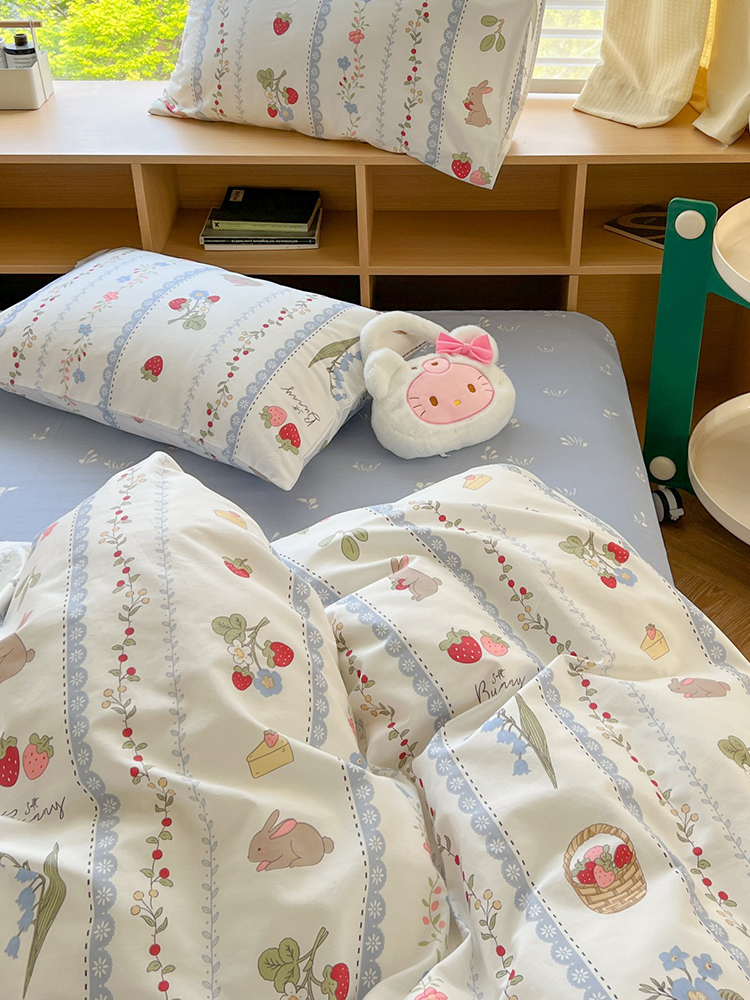浆果小兔 纯棉被套儿童单件床单床笠四件套1.5米1.8m全棉被罩定制 - 图0