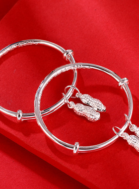 实心满月周岁铃铛新生儿银手镯