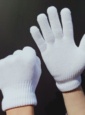 针织毛线加绒厚冬保暖防寒部队当兵学生魔术男女全手套出操纯白色