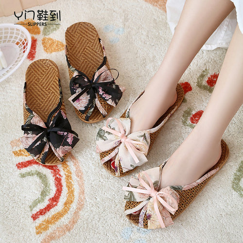 新款夏季藤席居家凉席拖鞋蝴蝶结家用室内清凉竹编鱼嘴包头鞋 - 图2