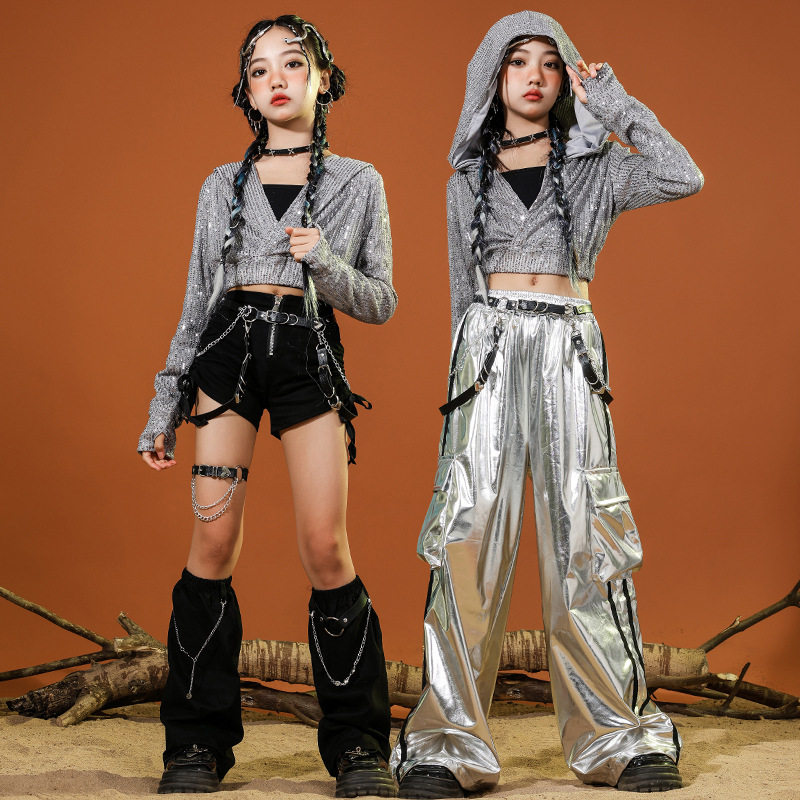 少儿爵士舞露脐女童亮片连帽外套反光银色裤子走秀jazz舞蹈演出服,淘宝优惠券,粉丝福利购,淘宝优惠卷