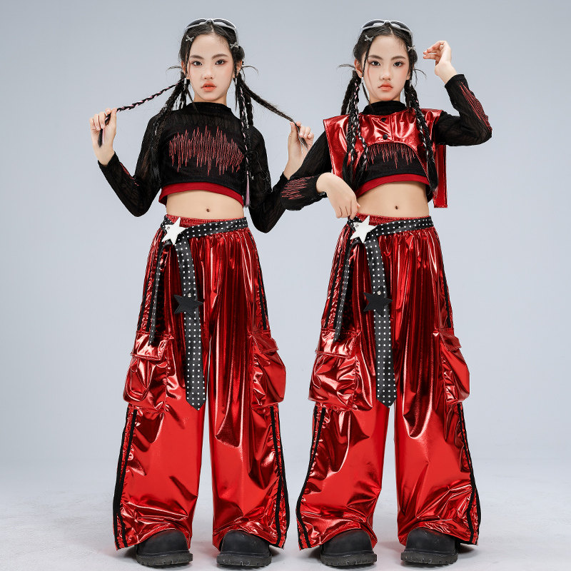 女童爵士舞服装红色亮面皮裤舞蹈服套装jazz女孩走秀新年演出服酷,淘宝优惠券,粉丝福利购,淘宝优惠卷