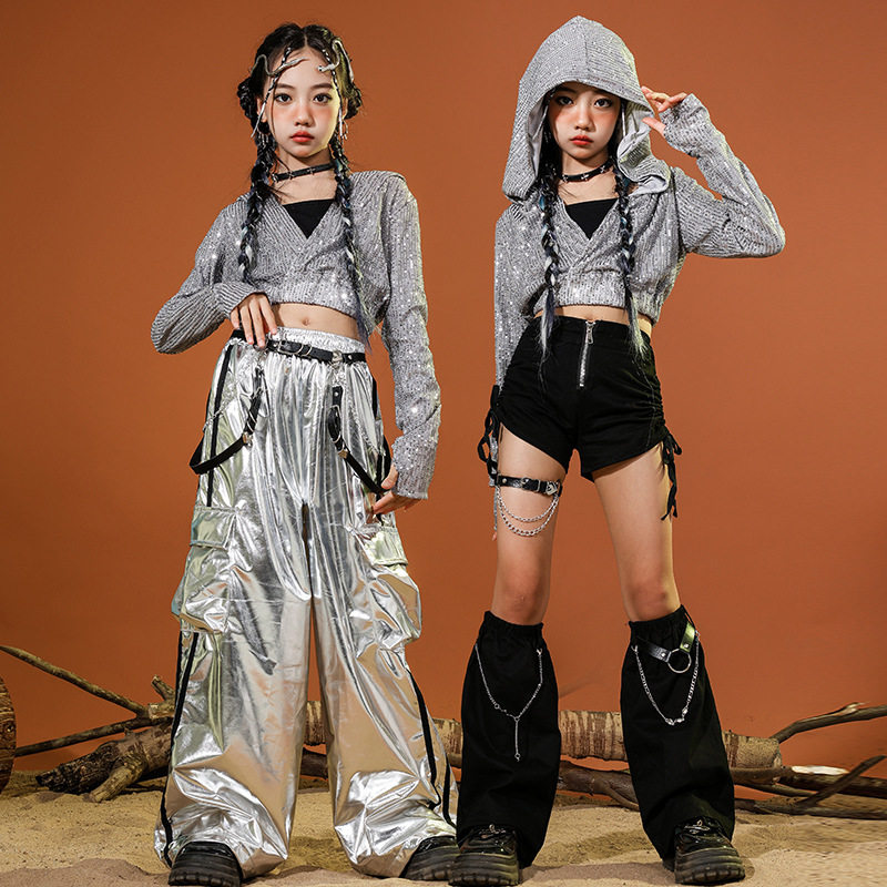 少儿爵士舞露脐女童亮片连帽外套反光银色裤子走秀jazz舞蹈演出服,淘宝优惠券,粉丝福利购,淘宝优惠卷