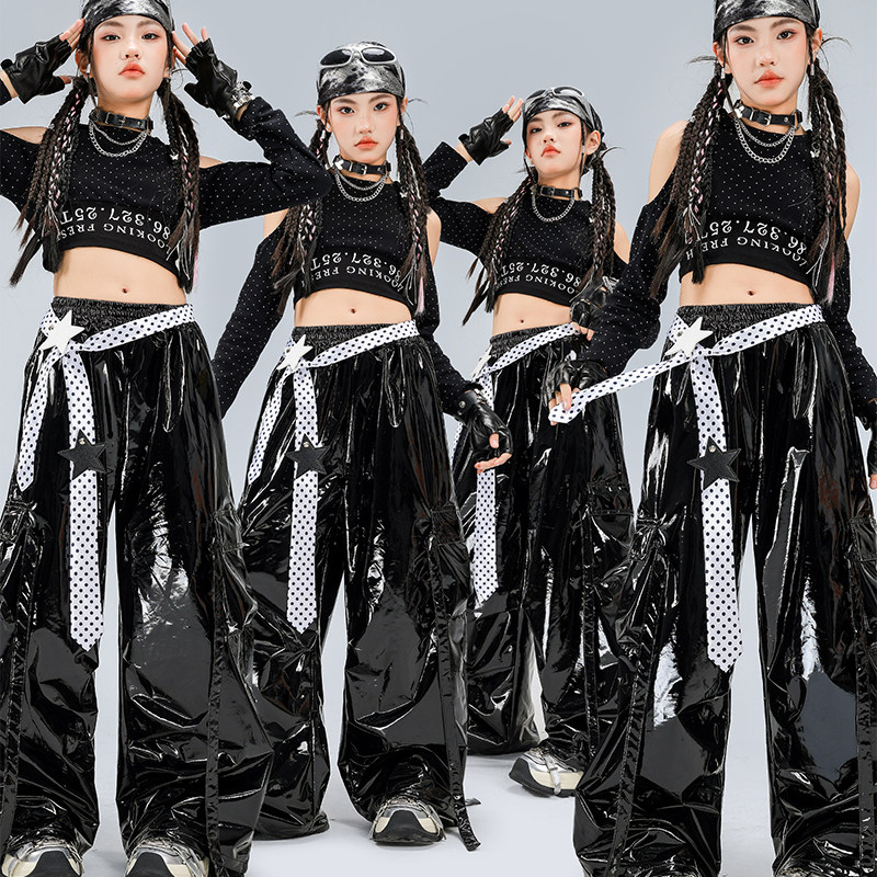 女童爵士舞露脐露肩亮钻表演服套装少儿走秀亮面皮裤街舞演出服酷,淘宝优惠券,粉丝福利购,淘宝优惠卷