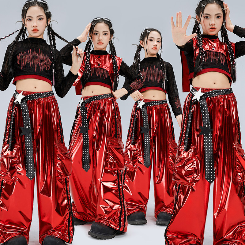 女童爵士舞服装红色亮面皮裤舞蹈服套装jazz女孩走秀新年演出服酷,淘宝优惠券,粉丝福利购,淘宝优惠卷