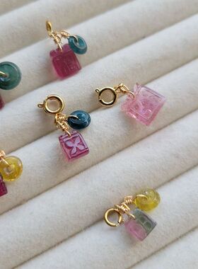 天然碧玺方牌手链吊坠西瓜碧玺万能扣  小迷你款