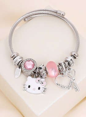 粉色潘家手链KT猫手镯跨境卡通可爱手饰潘多凯蒂猫拉饰品直播首饰