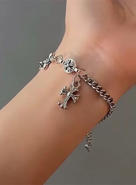 辣妹十字架钛钢手链潮男潮女小众克罗设计高级感冷淡风森系手饰