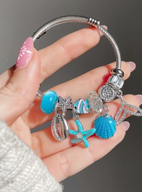 新款潘家多啦不锈钢手镯镶钻串珠鱼尾贝壳爱心吊坠可调节闺蜜款