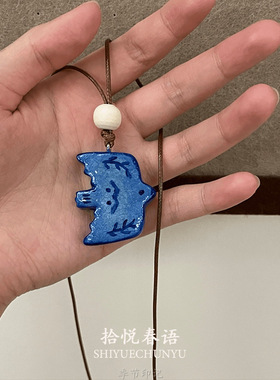 飞鸟集蓝色小鸟石塑黏土吊坠项链