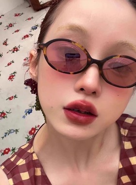美式复古玳瑁粉紫色墨镜女美拉德复古小框欧美风书呆子椭圆太阳镜