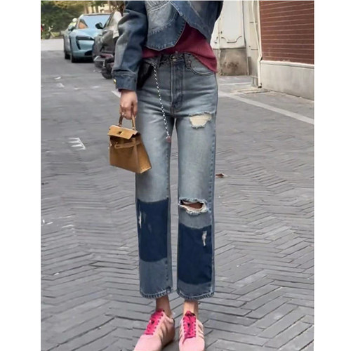 大码女装2026新款春季高腰弹力烟管破洞牛仔裤女显瘦九分直筒裤子 - 图1