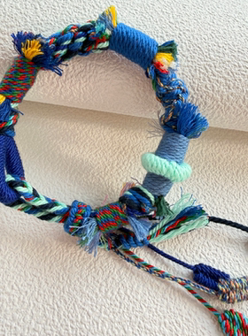 藏式手绳手工编织手绳蓝色系棉线混编可调节大小手搓棉线礼物