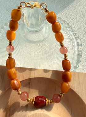 正品蜜蜡南红手链银饰扣头原创节日礼物一物一拍