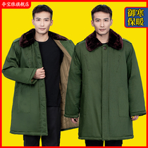 Short-style military great coat mens gush thickened winter medium long style warm green cotton padded jacket Old-style labor and cold storage cold-proof clothing