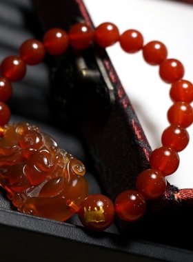 天然红玛瑙生肖兔转运吉祥物 手链