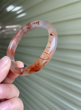 南红天然冰透红色雪花红梅桃花海洋玉髓粉樱花玛瑙圆条手镯545852