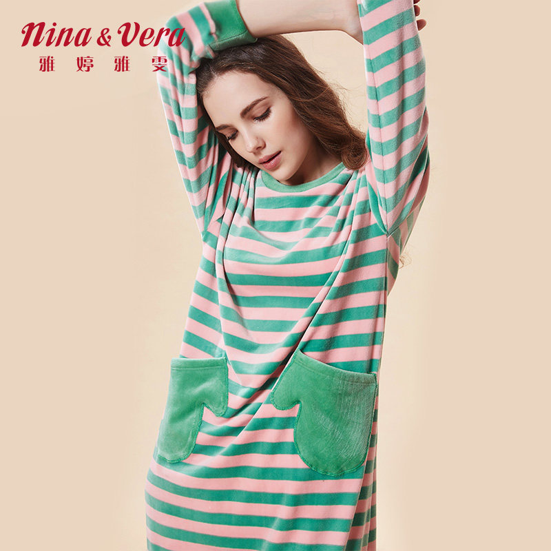 珊瑚绒秋冬季长袖中长款法兰绒睡衣 雅婷雅雯服饰睡裙