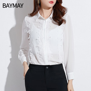 BAYMAY2020春装新款女装蕾丝衬衫女韩版气质时尚白色透明雪纺上衣